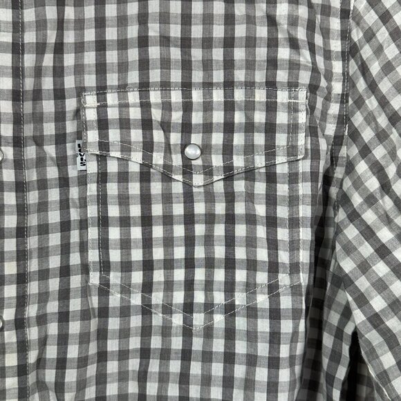 Levis Shirt Mens Medium Gray Gingham Check Long Sleeve Western Pearl Snap Pocket - Picture 4 of 8
